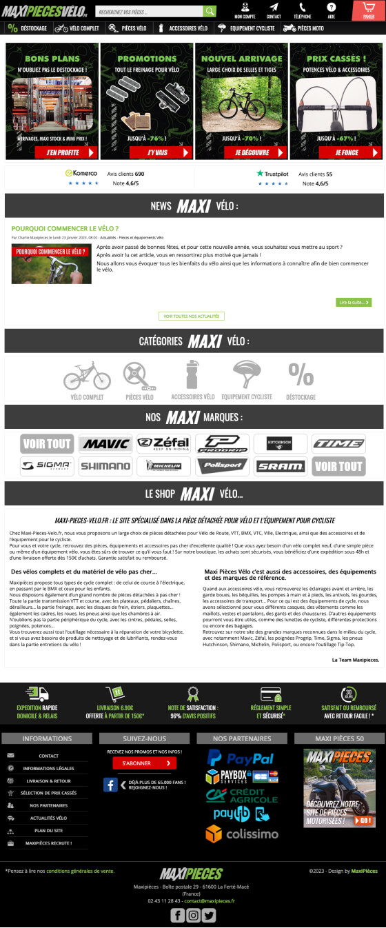 Un site de vente en ligne spécialisé dans les pièces détachées pour vélo. MAXI PIÈCES VELO, expert dans la vente en ligne de pièces et d'équipements pour vélos. Multi-boutiques, Intégration sur-mesure, Règles commerciales spécifiques, Module véhiculier avec recherche par marque ou type de vélo